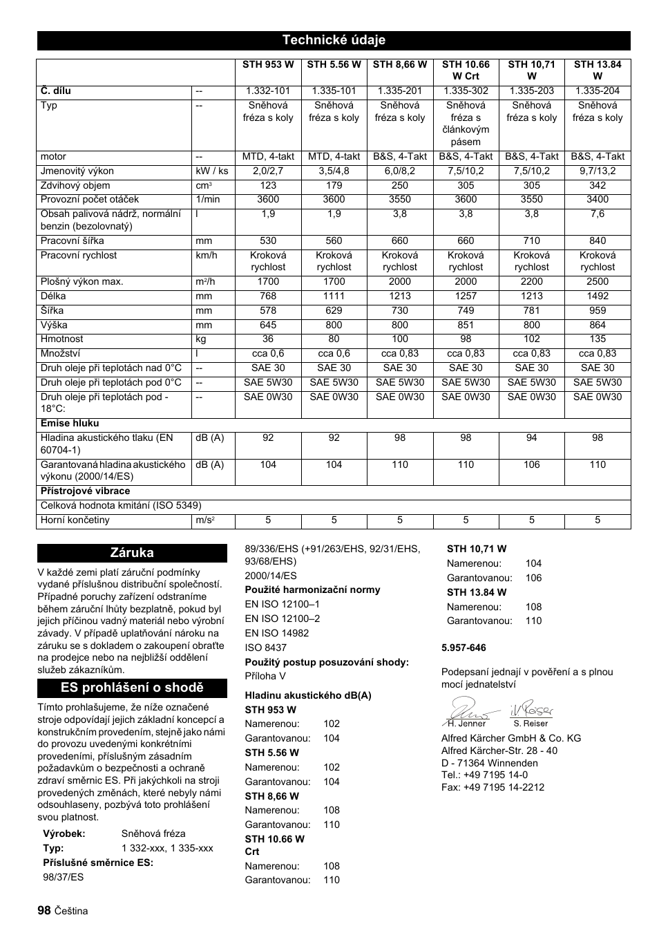Technické údaje, Záruka es prohlášení o shodě | Karcher STH 10-76 W User Manual | Page 98 / 143