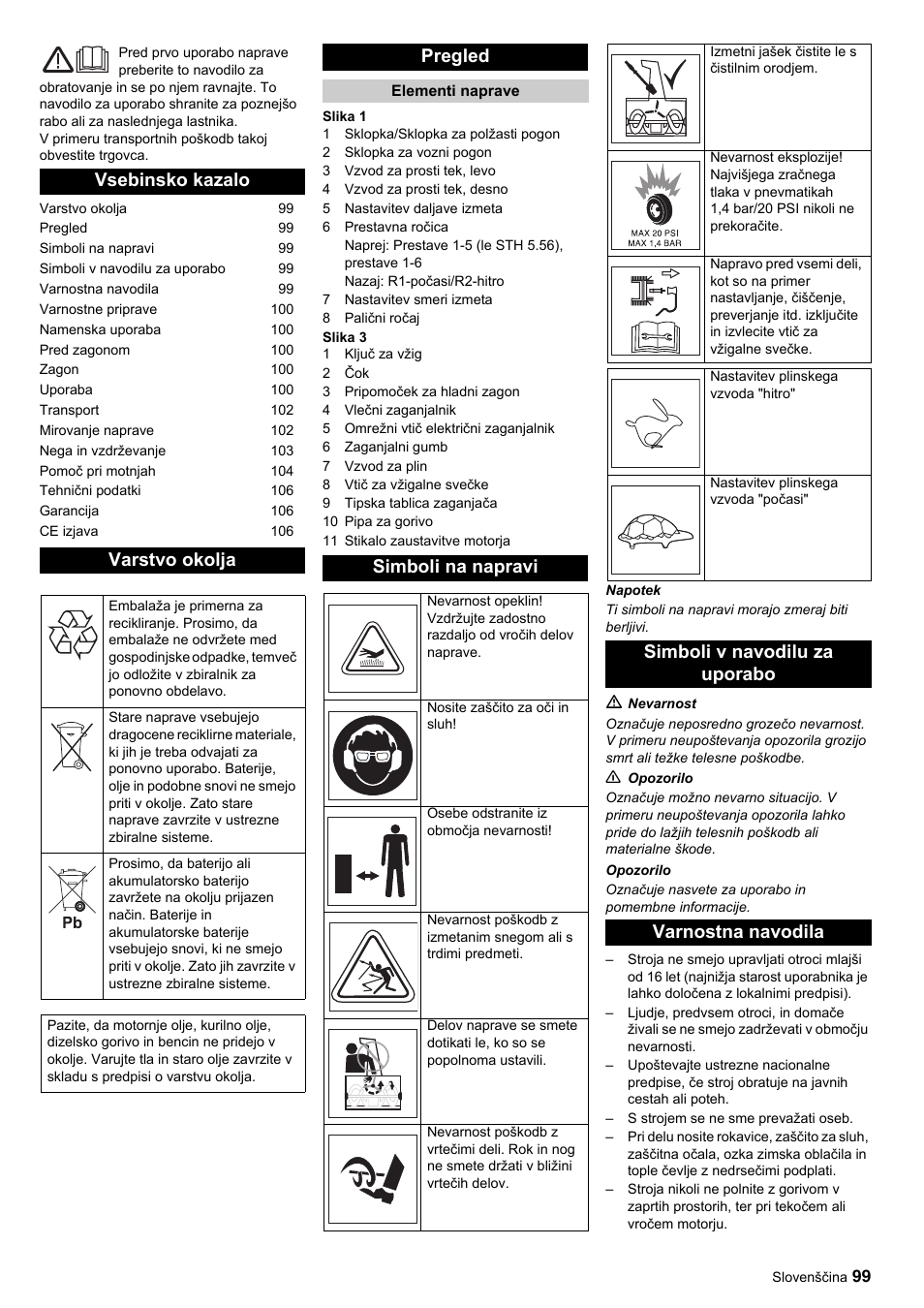 Vsebinsko kazalo varstvo okolja, Pregled, Simboli na napravi | Simboli v navodilu za uporabo varnostna navodila | Karcher STH 10-76 W User Manual | Page 99 / 143