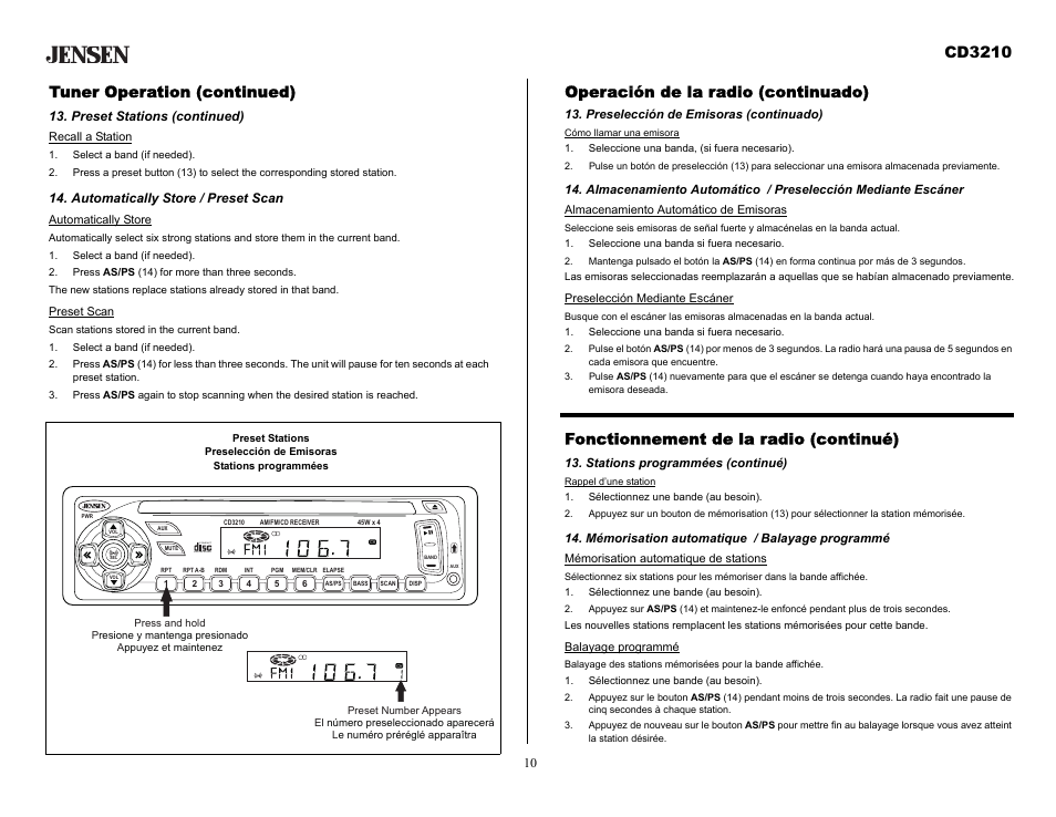 Tuner operation (continued), Preset stations (continued), Select a band (if needed) | Automatically store / preset scan, Press as/ps (14) for more than three seconds, Operación de la radio (continuado), Preselección de emisoras (continuado), Seleccione una banda, (si fuera necesario), Seleccione una banda si fuera necesario, Stations programmées (continué) | Audiovox CD3210 User Manual | Page 10 / 15