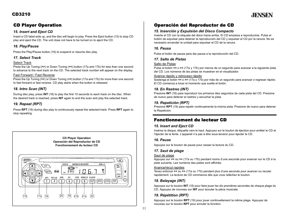 Cd player operation, Insert and eject cd, Play/pause | Select track, Intro scan (int), Repeat (rpt), Operación del reproductor de cd, Inserción y expulsión del disco compacto, Pausa, Salto de pistas | Audiovox CD3210 User Manual | Page 11 / 15