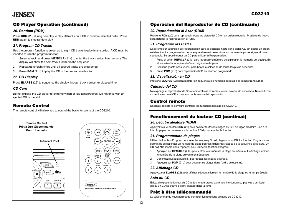 Cd player operation (continued), Random (rdm), Program cd tracks | Cd display, Cd care, Remote control, Operación del reproductor de cd (continuado), Reproducción al azar (rdm), Programar las pistas, Visualización en cd | Audiovox CD3210 User Manual | Page 12 / 15