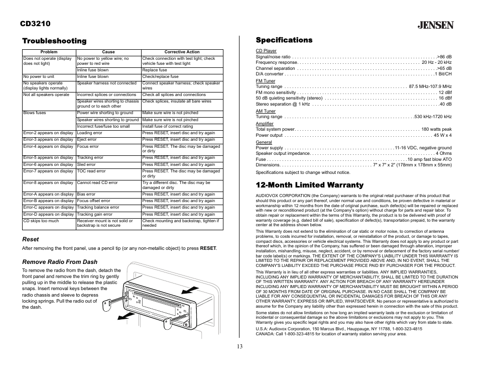 Troubleshooting, Reset, Remove radio from dash | Cd3210, Specifications, Month limited warranty | Audiovox CD3210 User Manual | Page 13 / 15