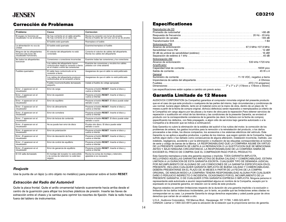 Corrección de problemas, Reajuste, Extracción del radio del automóvil | Garantia limitade de 12 meses, Cd3210, Especificationes | Audiovox CD3210 User Manual | Page 14 / 15