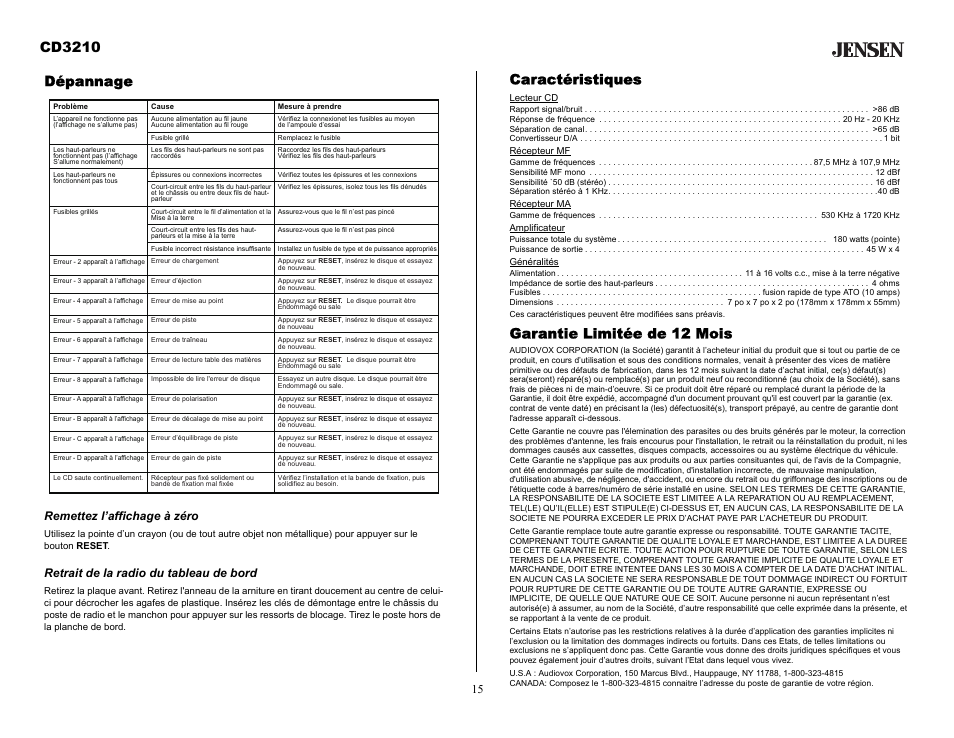 Dépannage, Remettez l’affichage à zéro, Retrait de la radio du tableau de bord | Garantie limitée de 12 mois, Cd3210, Caractéristiques | Audiovox CD3210 User Manual | Page 15 / 15