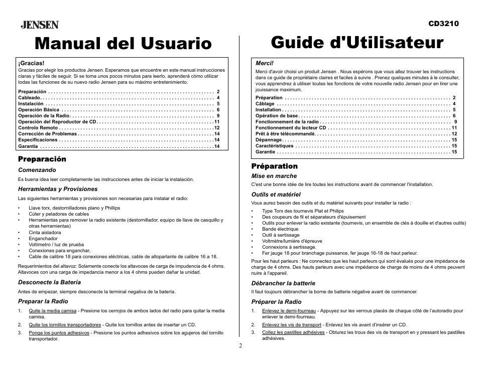 Preparación, Comenzando, Herramientas y provisiones | Desconecte la batería, Preparar la radio, Préparation, Mise en marche, Outils et matériel, Débrancher la batterie, Préparer la radio | Audiovox CD3210 User Manual | Page 2 / 15