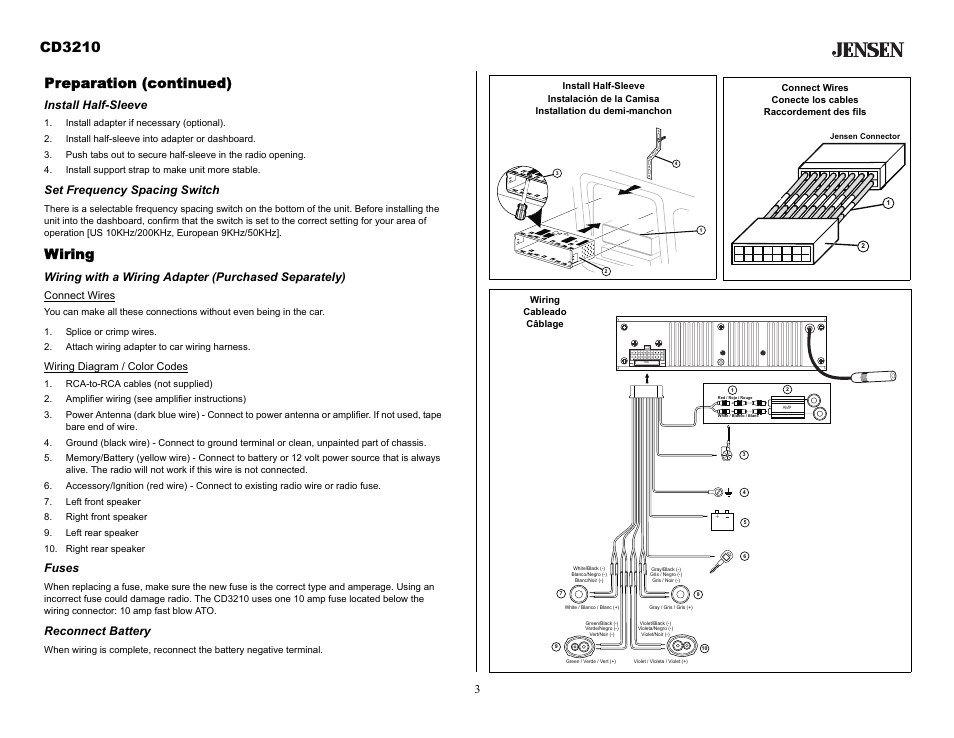 Preparation (continued), Install half-sleeve, Install adapter if necessary (optional) | Install half-sleeve into adapter or dashboard, Install support strap to make unit more stable, Set frequency spacing switch, Splice or crimp wires, Attach wiring adapter to car wiring harness, Rca-to-rca cables (not supplied), Amplifier wiring (see amplifier instructions) | Audiovox CD3210 User Manual | Page 3 / 15