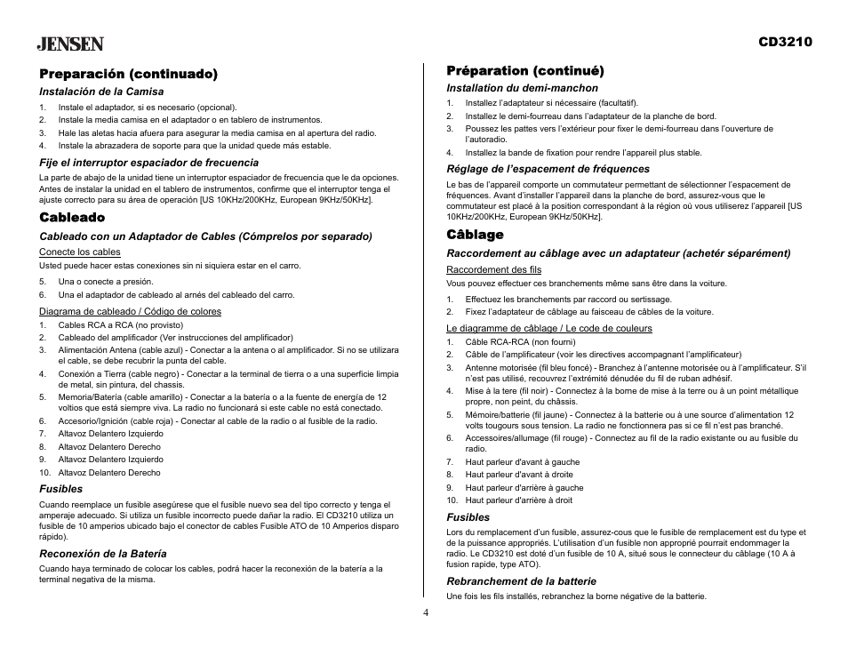 Preparación (continuado), Instalación de la camisa, Instale el adaptador, si es necesario (opcional) | Fije el interruptor espaciador de frecuencia, Una o conecte a presión, Cables rca a rca (no provisto), Altavoz delantero izquierdo, Altavoz delantero derecho, Fusibles, Reconexión de la batería | Audiovox CD3210 User Manual | Page 4 / 15