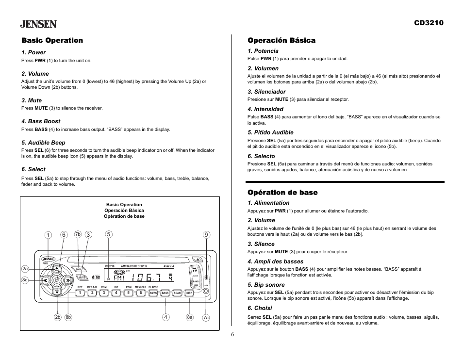 Basic operation, Power, Volume | Mute, Bass boost, Audible beep, Select, Operación básica, Potencia, Volumen | Audiovox CD3210 User Manual | Page 6 / 15