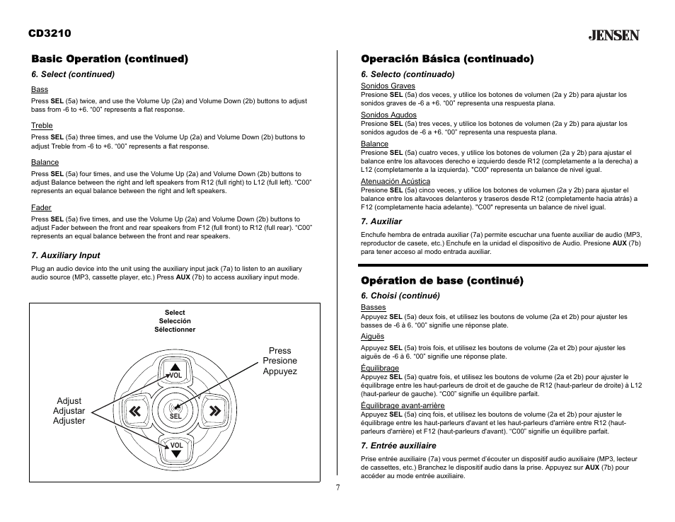 Basic operation (continued), Select (continued), Auxiliary input | Operación básica (continuado), Selecto (continuado), Auxiliar, Opération de base (continué), Choisi (continué), Entrée auxiliaire, Cd3210 | Audiovox CD3210 User Manual | Page 7 / 15