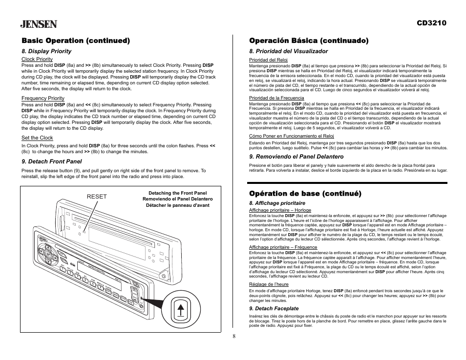 Basic operation (continued), Display priority, Detach front panel | Operación básica (continuado), Prioridad del visualizador, Removiendo el panel delantero, Opération de base (continué), Affichage prioritaire, Detach faceplate, Cd3210 | Audiovox CD3210 User Manual | Page 8 / 15