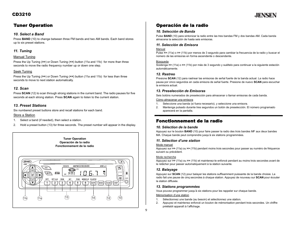 Tuner operation, Select a band, Tuning | Scan, Preset stations, Select a band (if needed), then select a station, Operación de la radio, Selección de banda, Selección de emisora, Rastreo | Audiovox CD3210 User Manual | Page 9 / 15