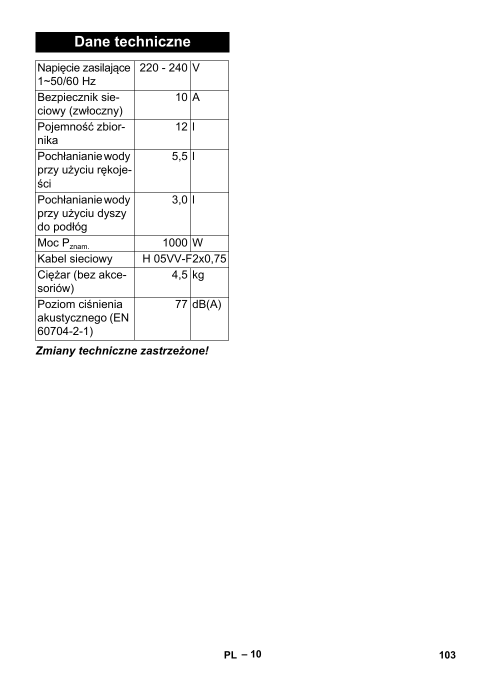 Dane techniczne | Karcher MV 2 User Manual | Page 103 / 166