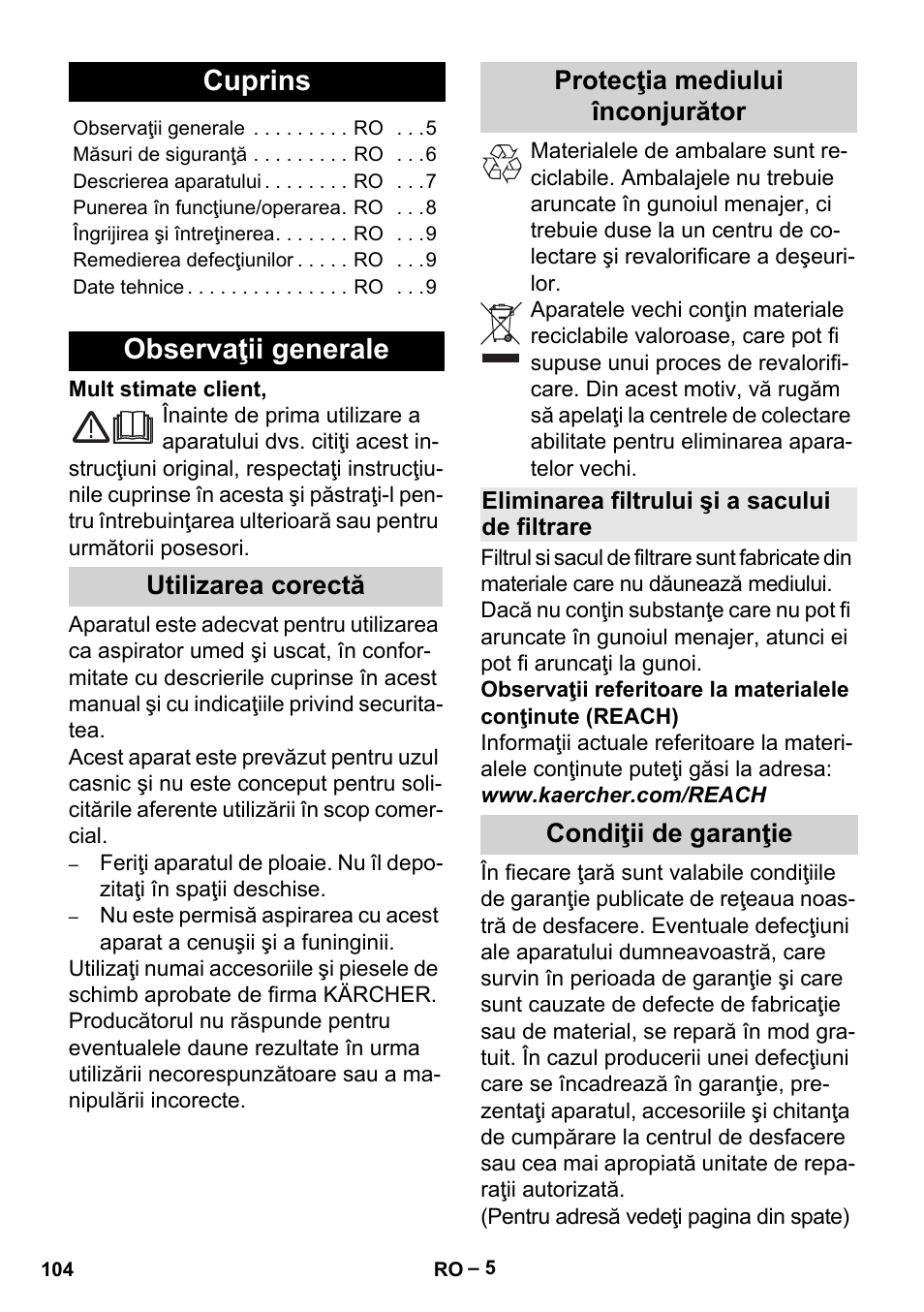 Româneşte, Cuprins, Observaţii generale | Românete, Utilizarea corectă protecţia mediului înconjurător, Condiţii de garanţie | Karcher MV 2 User Manual | Page 104 / 166