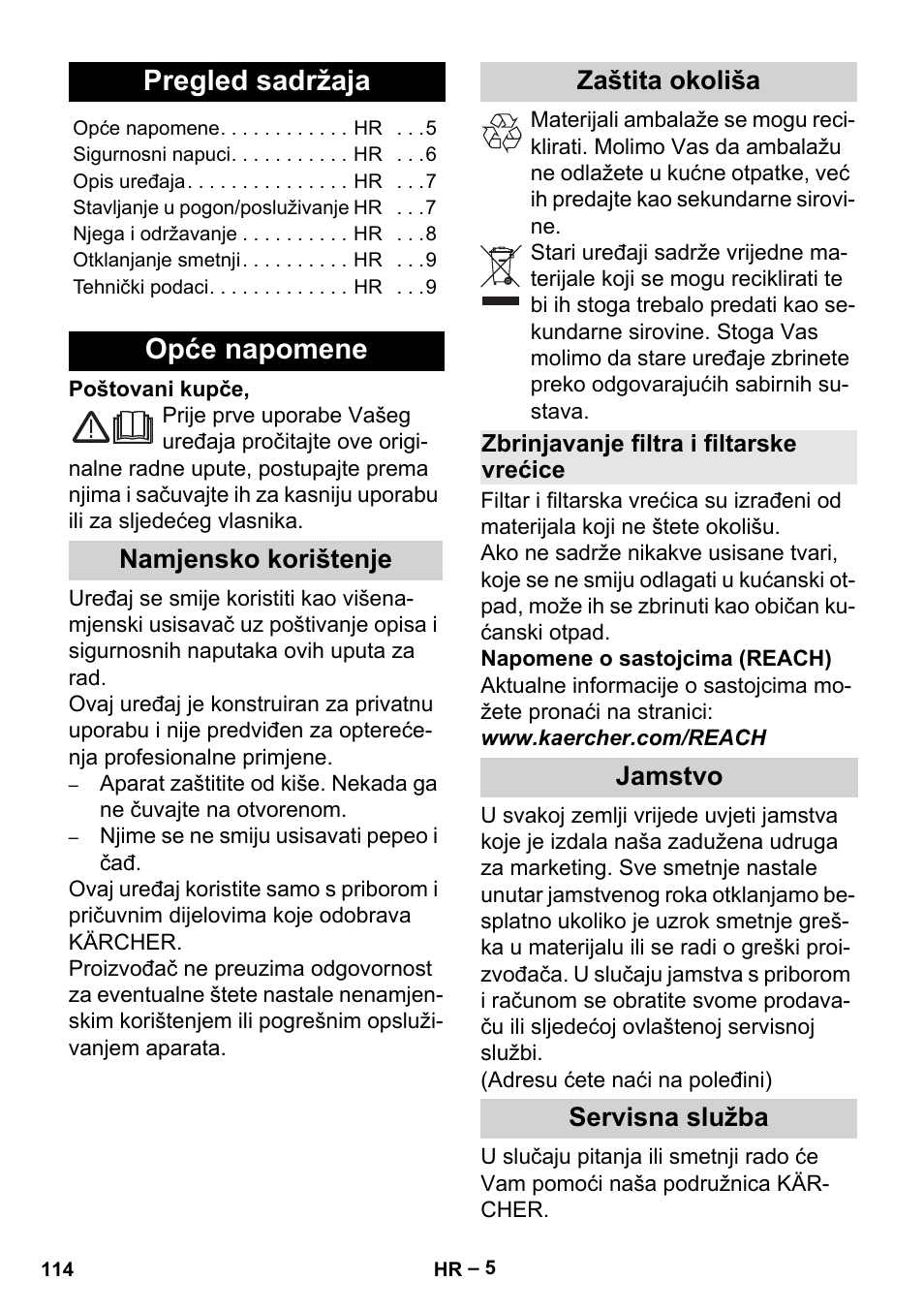 Hrvatski, Pregled sadržaja, Opće napomene | Namjensko korištenje zaštita okoliša, Jamstvo servisna služba | Karcher MV 2 User Manual | Page 114 / 166