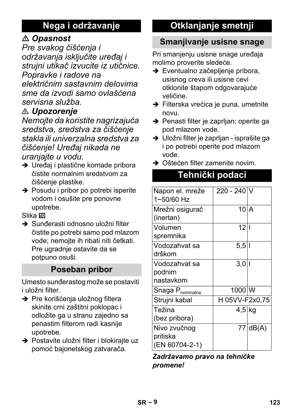 Nega i održavanje, Otklanjanje smetnji, Tehnički podaci | Poseban pribor, Smanjivanje usisne snage | Karcher MV 2 User Manual | Page 123 / 166