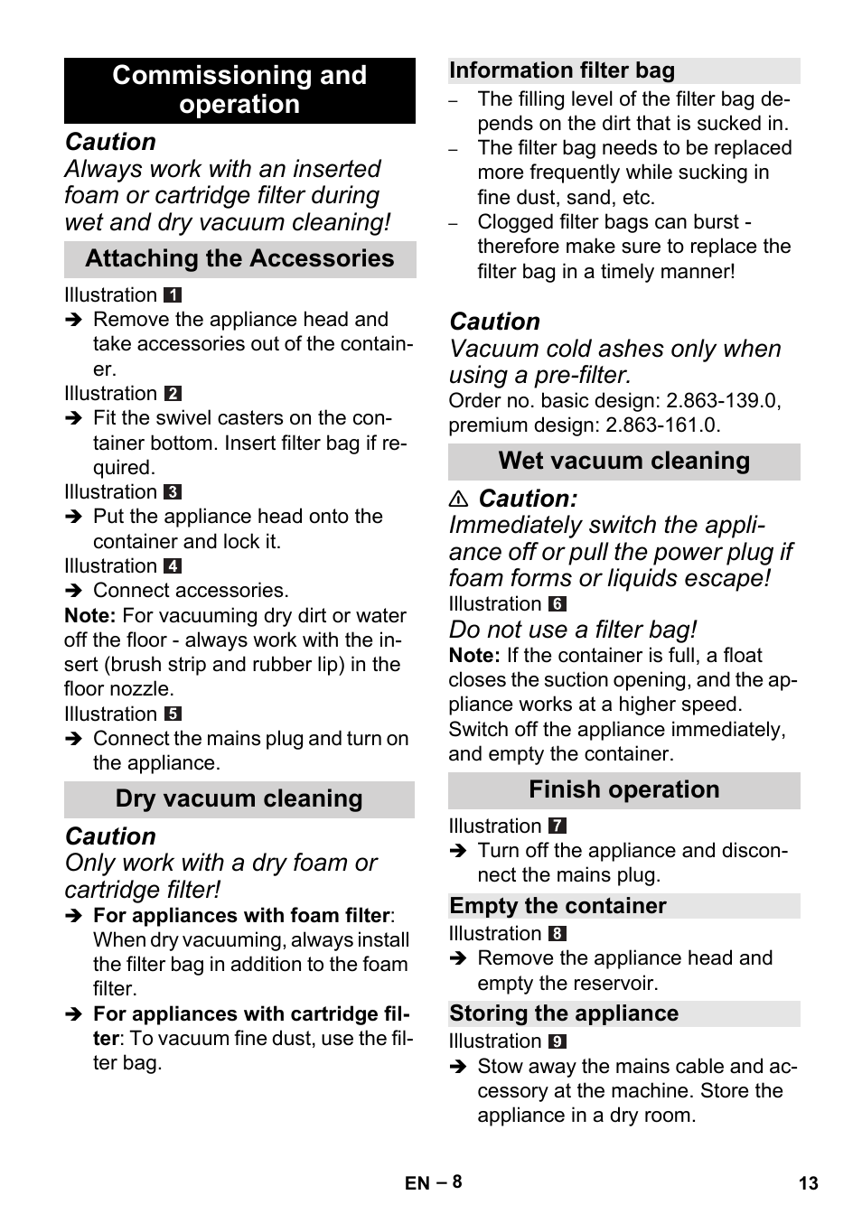 Commissioning and operation, Do not use a filter bag, Attaching the accessories dry vacuum cleaning | Wet vacuum cleaning finish operation | Karcher MV 2 User Manual | Page 13 / 166