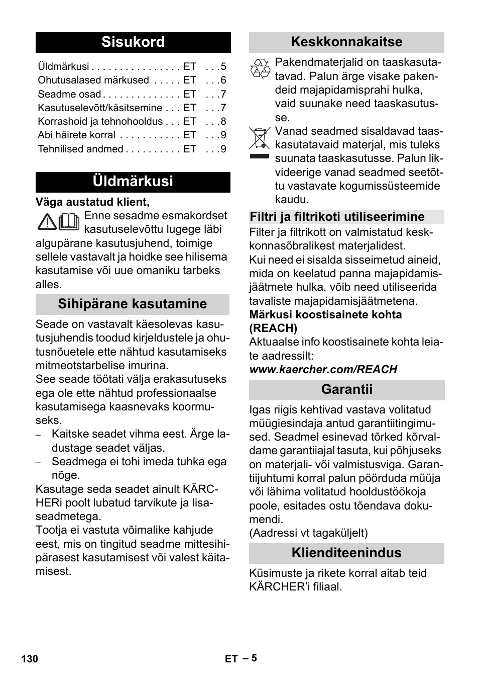 Eesti, Sisukord, Üldmärkusi | Sihipärane kasutamine keskkonnakaitse, Garantii klienditeenindus | Karcher MV 2 User Manual | Page 130 / 166