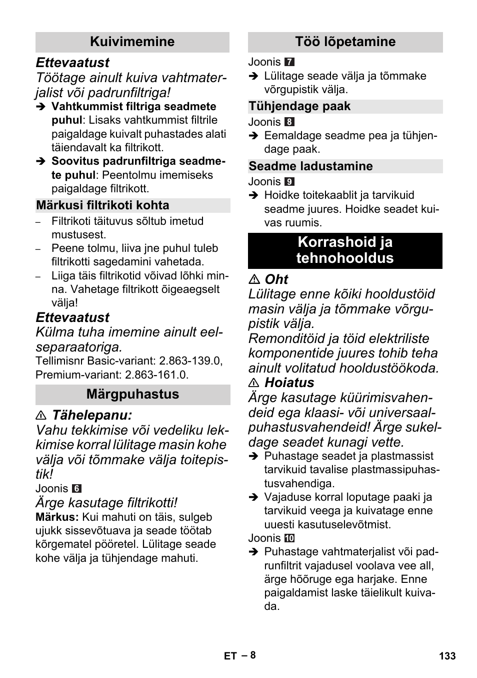 Korrashoid ja tehnohooldus | Karcher MV 2 User Manual | Page 133 / 166