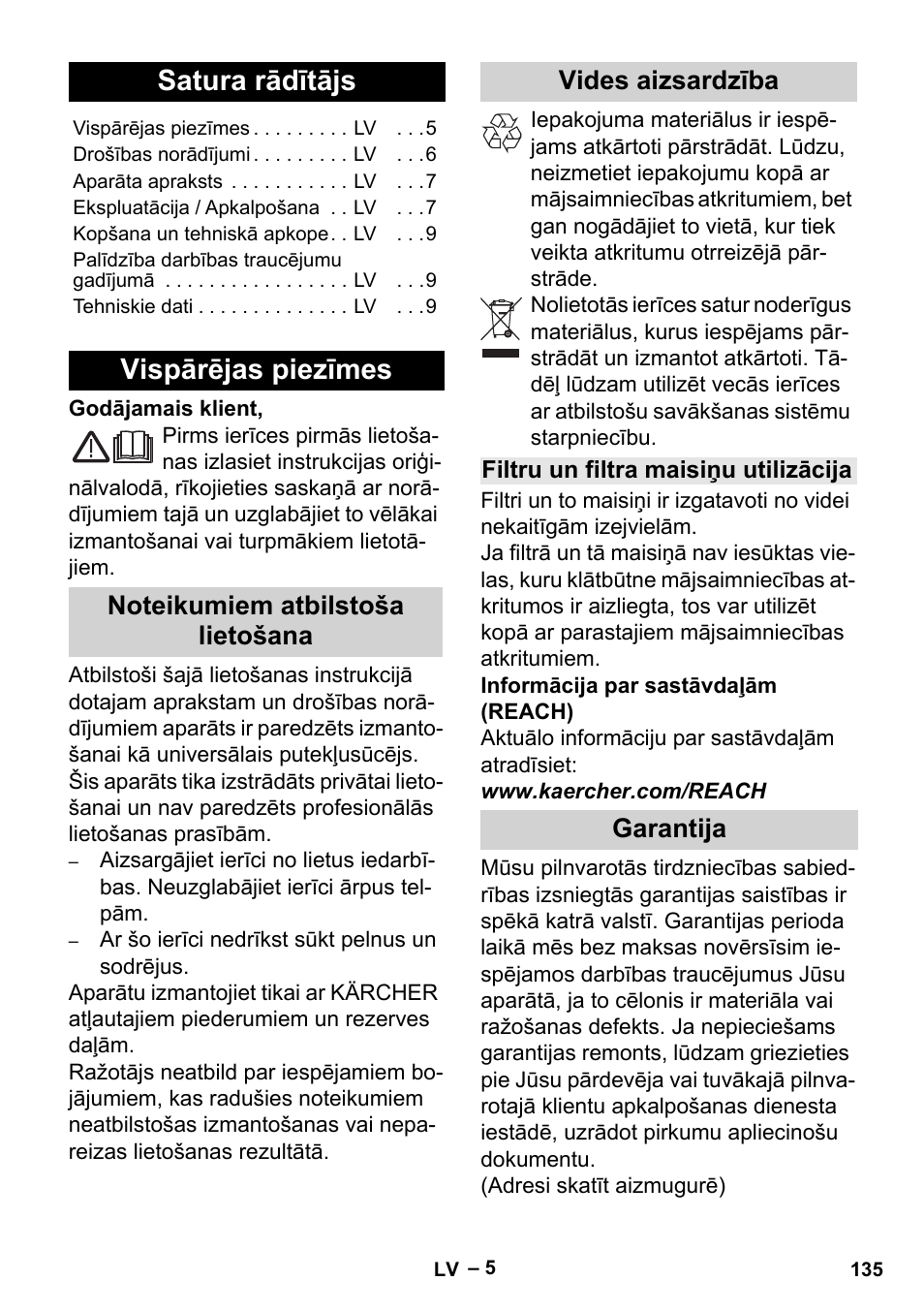 Latviešu, Satura rādītājs, Vispārējas piezīmes | Garantija | Karcher MV 2 User Manual | Page 135 / 166