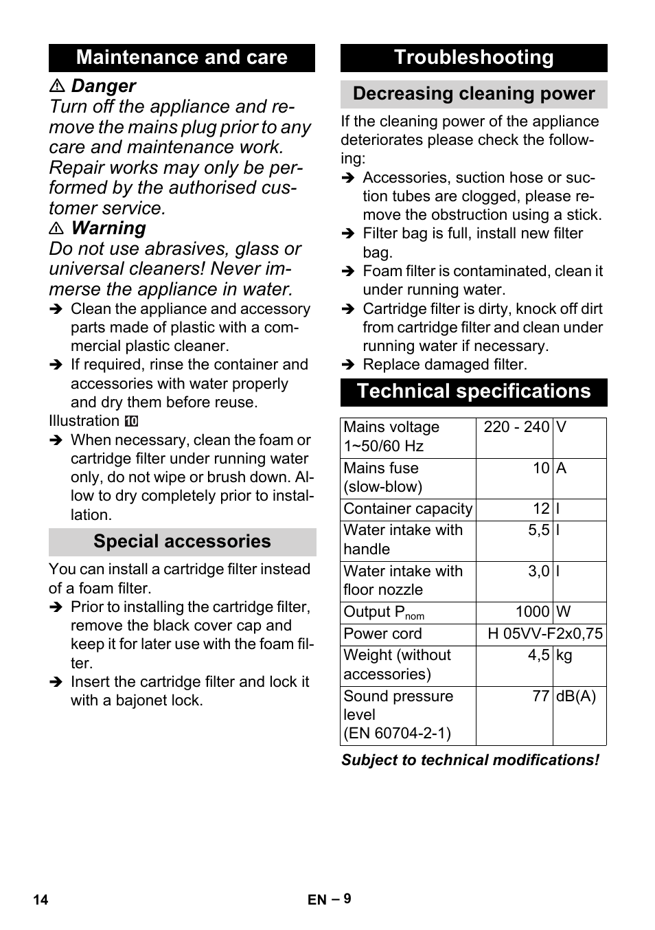Maintenance and care, Troubleshooting, Technical specifications | Special accessories, Decreasing cleaning power | Karcher MV 2 User Manual | Page 14 / 166