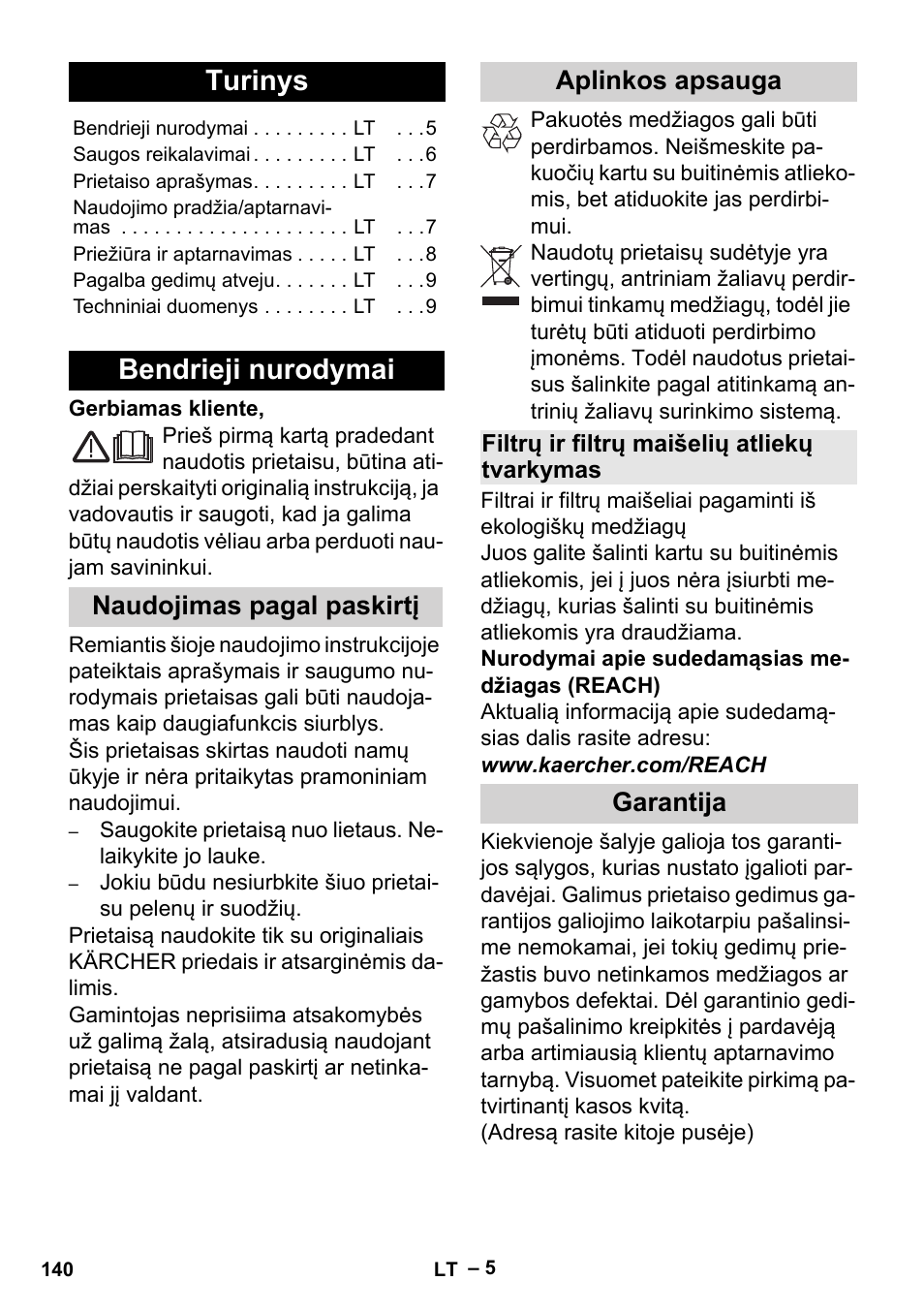 Lietuviškai, Turinys, Bendrieji nurodymai | Naudojimas pagal paskirtį aplinkos apsauga, Garantija | Karcher MV 2 User Manual | Page 140 / 166