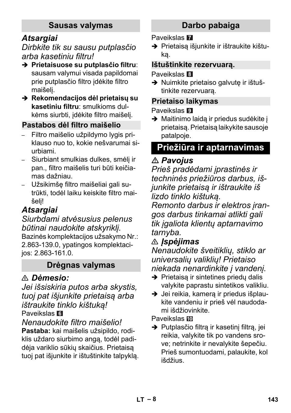 Priežiūra ir aptarnavimas | Karcher MV 2 User Manual | Page 143 / 166