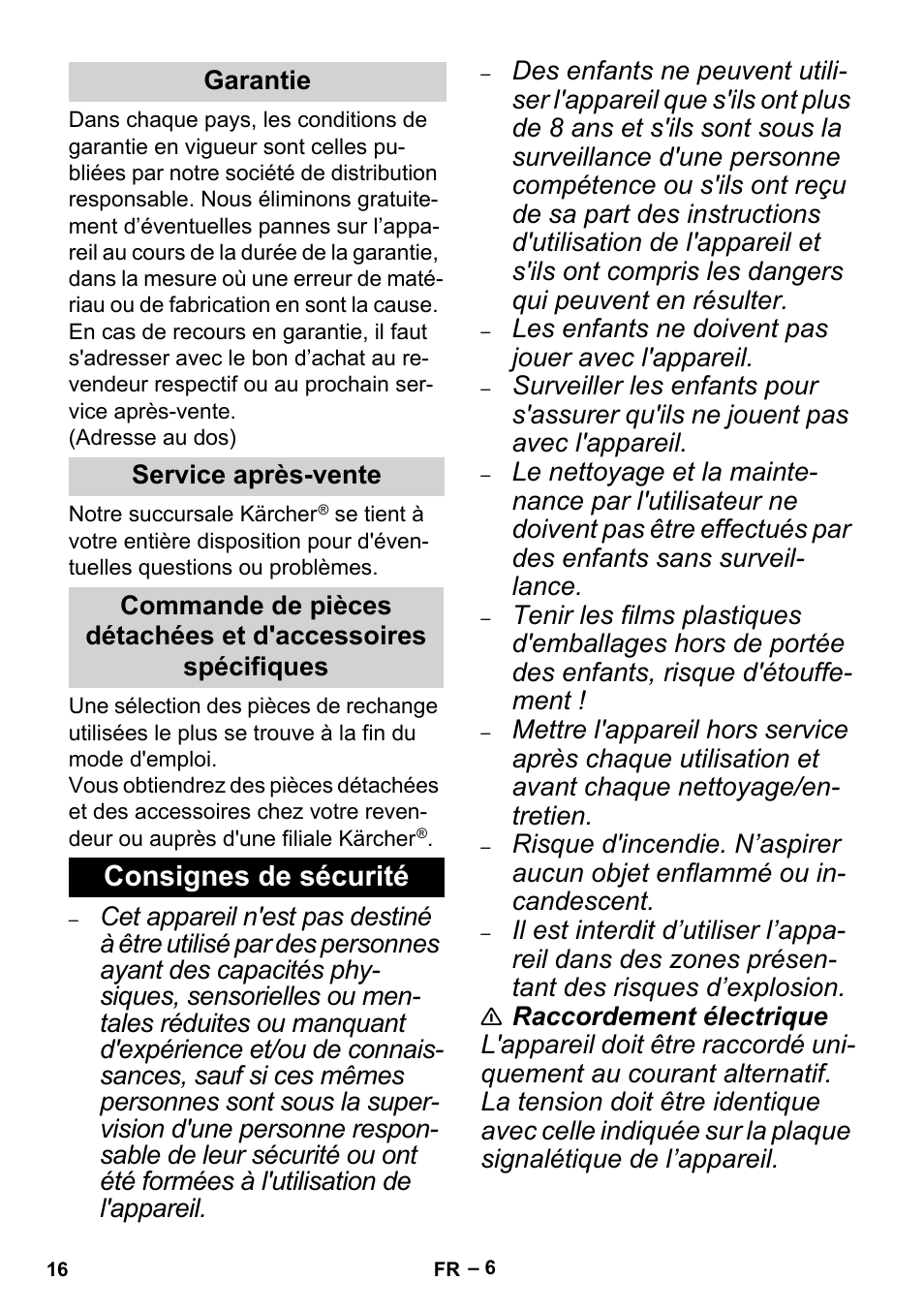 Consignes de sécurité | Karcher MV 2 User Manual | Page 16 / 166