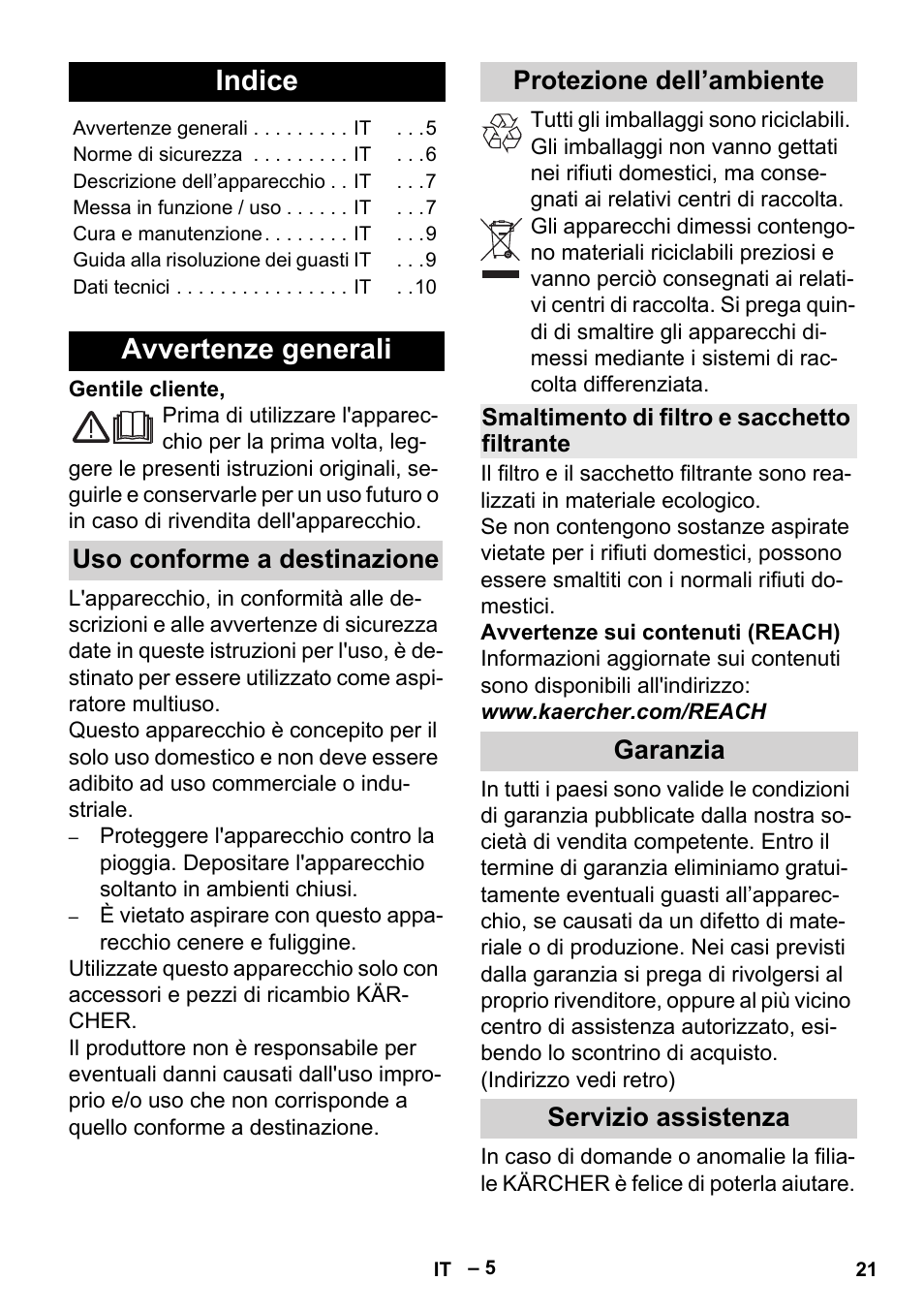 Italiano, Indice, Avvertenze generali | Garanzia servizio assistenza | Karcher MV 2 User Manual | Page 21 / 166