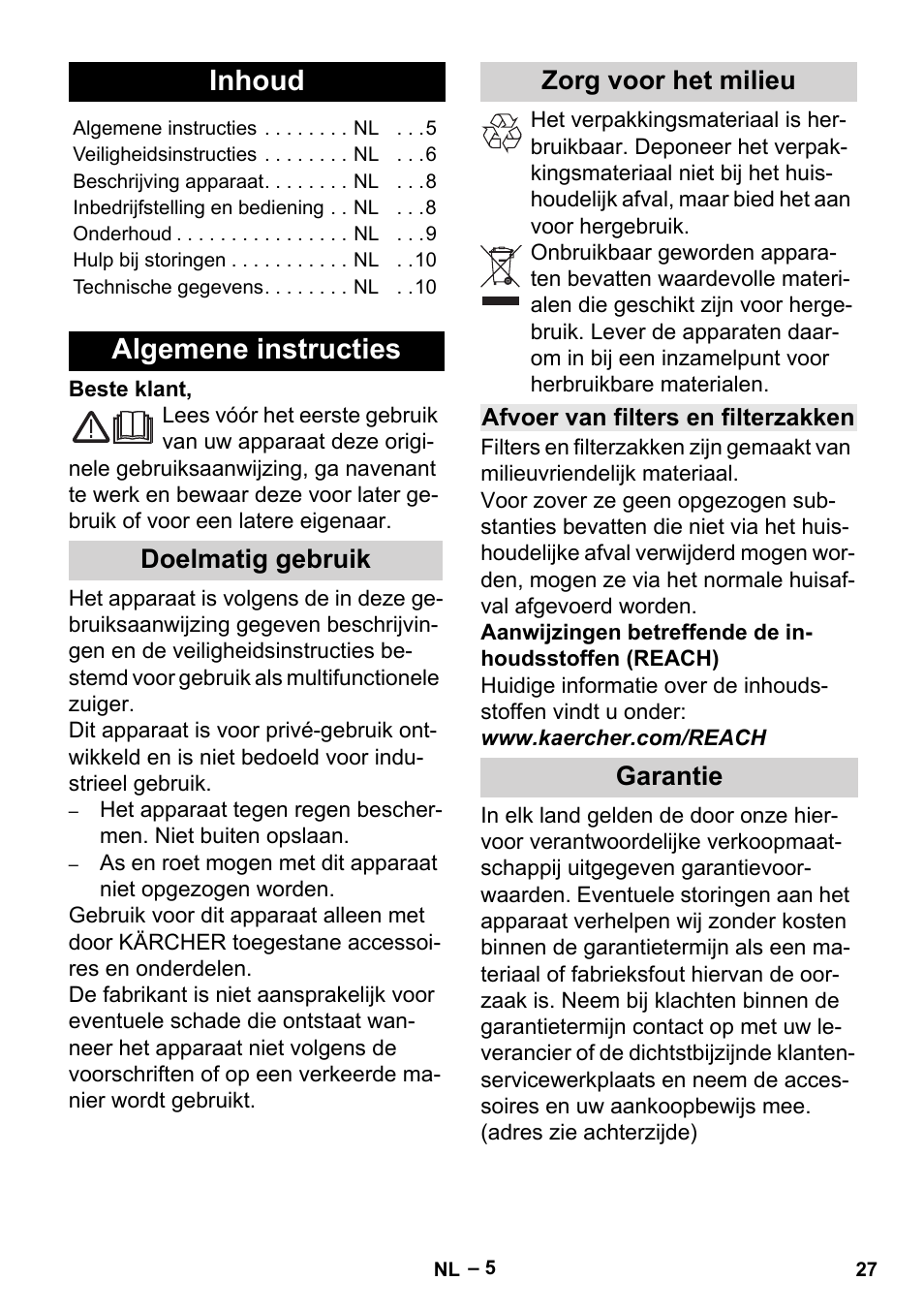Nederlands, Inhoud, Algemene instructies | Doelmatig gebruik zorg voor het milieu, Garantie | Karcher MV 2 User Manual | Page 27 / 166