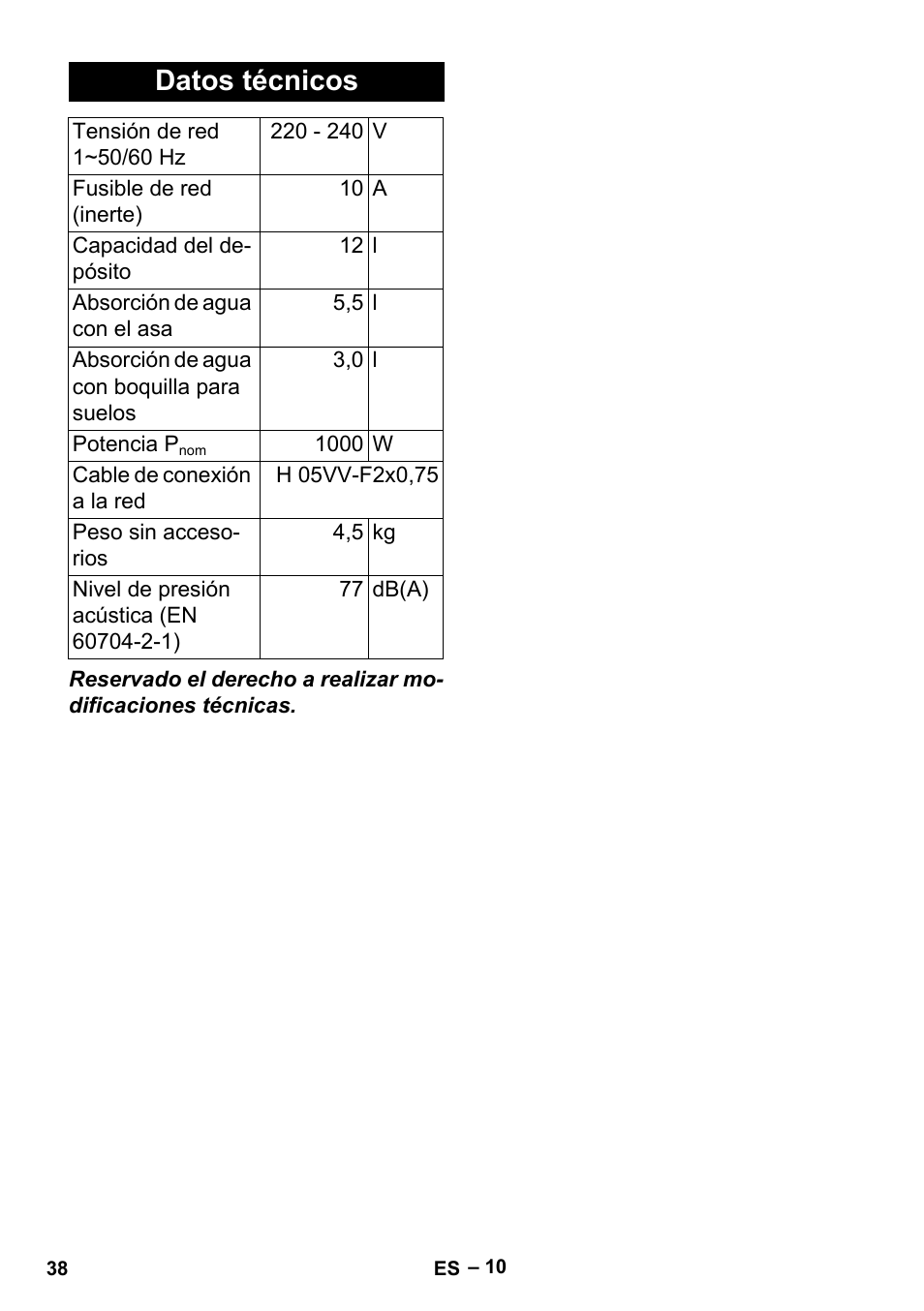 Datos técnicos | Karcher MV 2 User Manual | Page 38 / 166