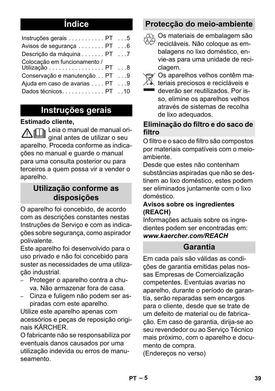 Português, Índice, Instruções gerais | Garantia | Karcher MV 2 User Manual | Page 39 / 166