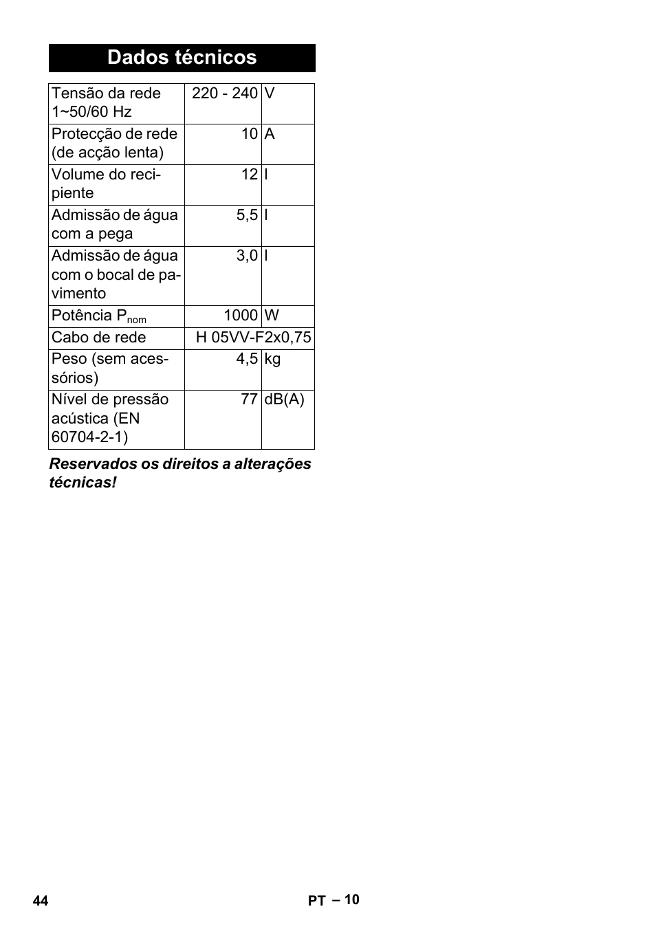 Dados técnicos | Karcher MV 2 User Manual | Page 44 / 166