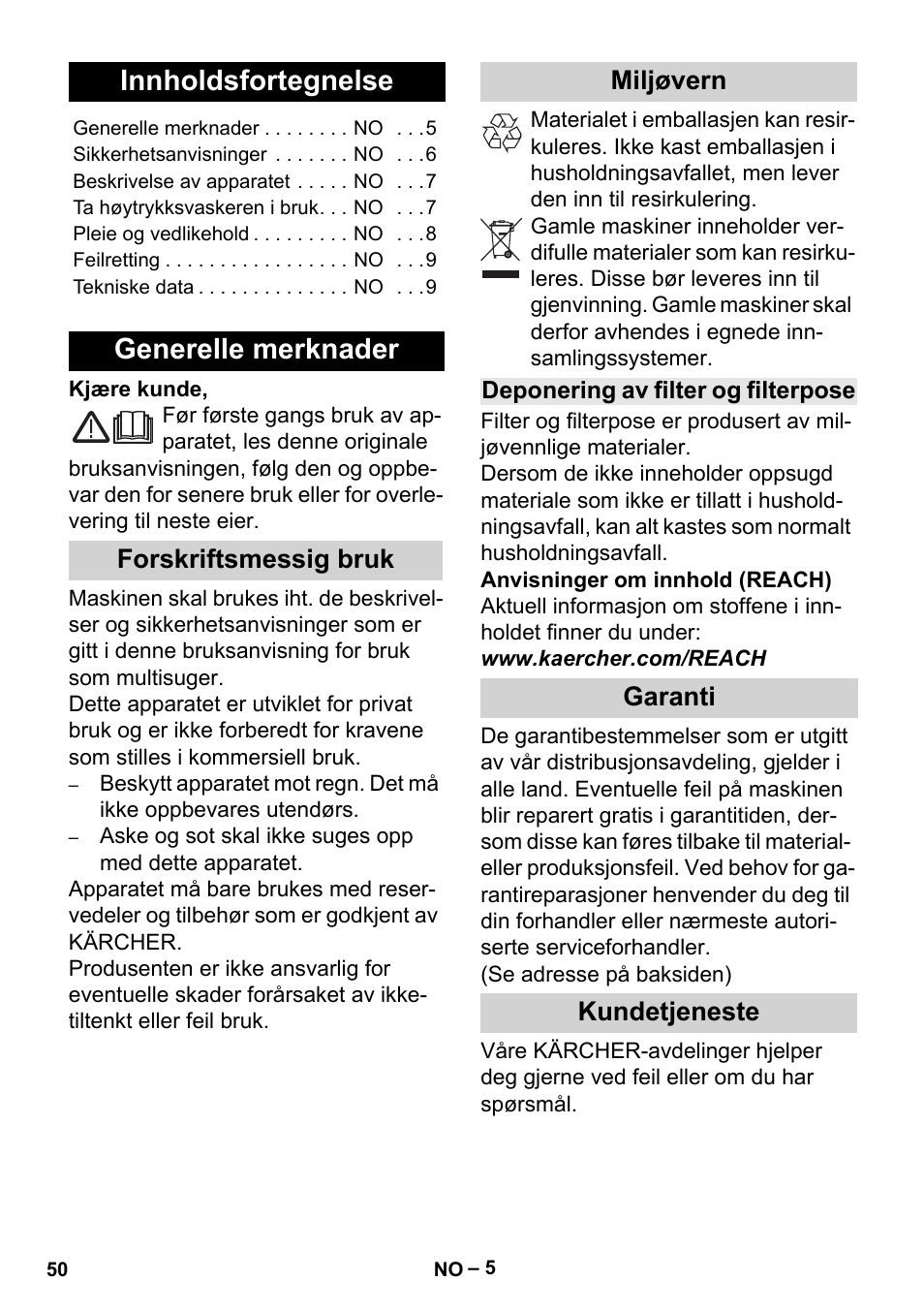 Norsk, Innholdsfortegnelse, Generelle merknader | Forskriftsmessig bruk miljøvern, Garanti kundetjeneste | Karcher MV 2 User Manual | Page 50 / 166