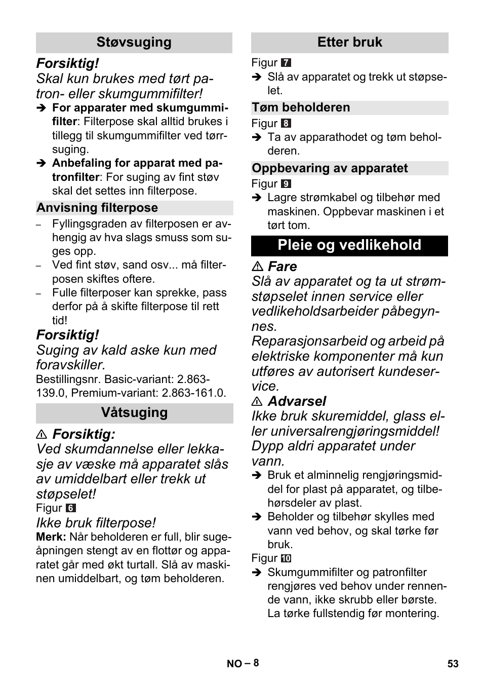 Pleie og vedlikehold | Karcher MV 2 User Manual | Page 53 / 166