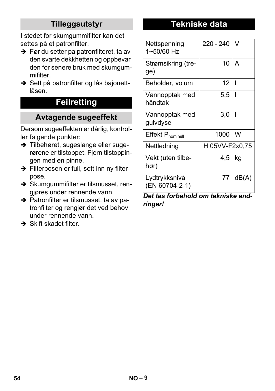 Feilretting, Tekniske data, Tilleggsutstyr | Avtagende sugeeffekt | Karcher MV 2 User Manual | Page 54 / 166