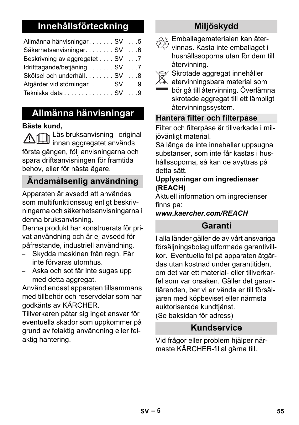 Svenska, Innehållsförteckning, Allmänna hänvisningar | Ändamålsenlig användning miljöskydd, Garanti kundservice | Karcher MV 2 User Manual | Page 55 / 166