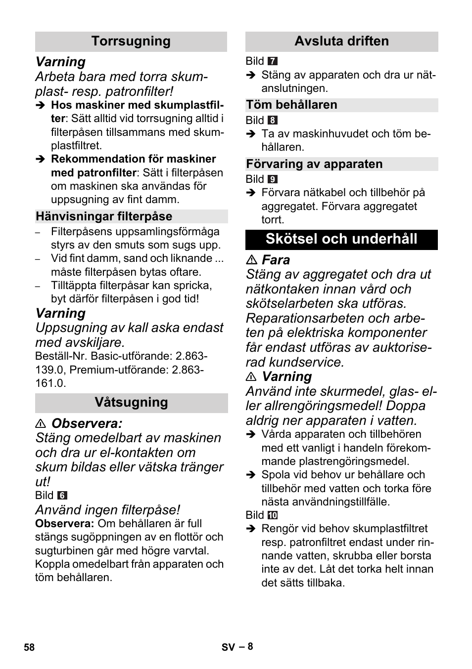 Skötsel och underhåll | Karcher MV 2 User Manual | Page 58 / 166