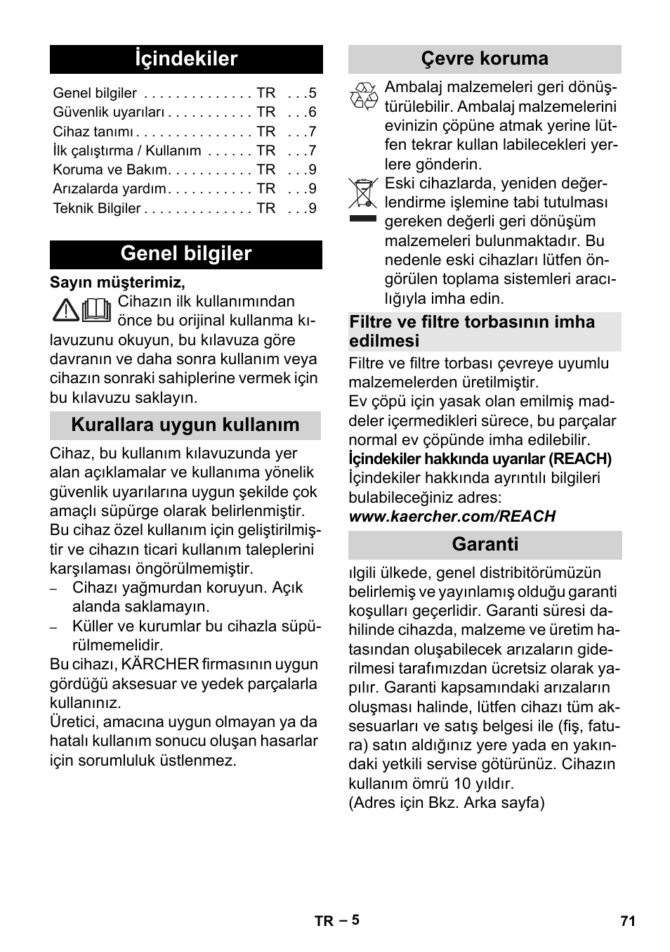 Türkçe, Içindekiler, Genel bilgiler | Kurallara uygun kullanım çevre koruma, Garanti | Karcher MV 2 User Manual | Page 71 / 166