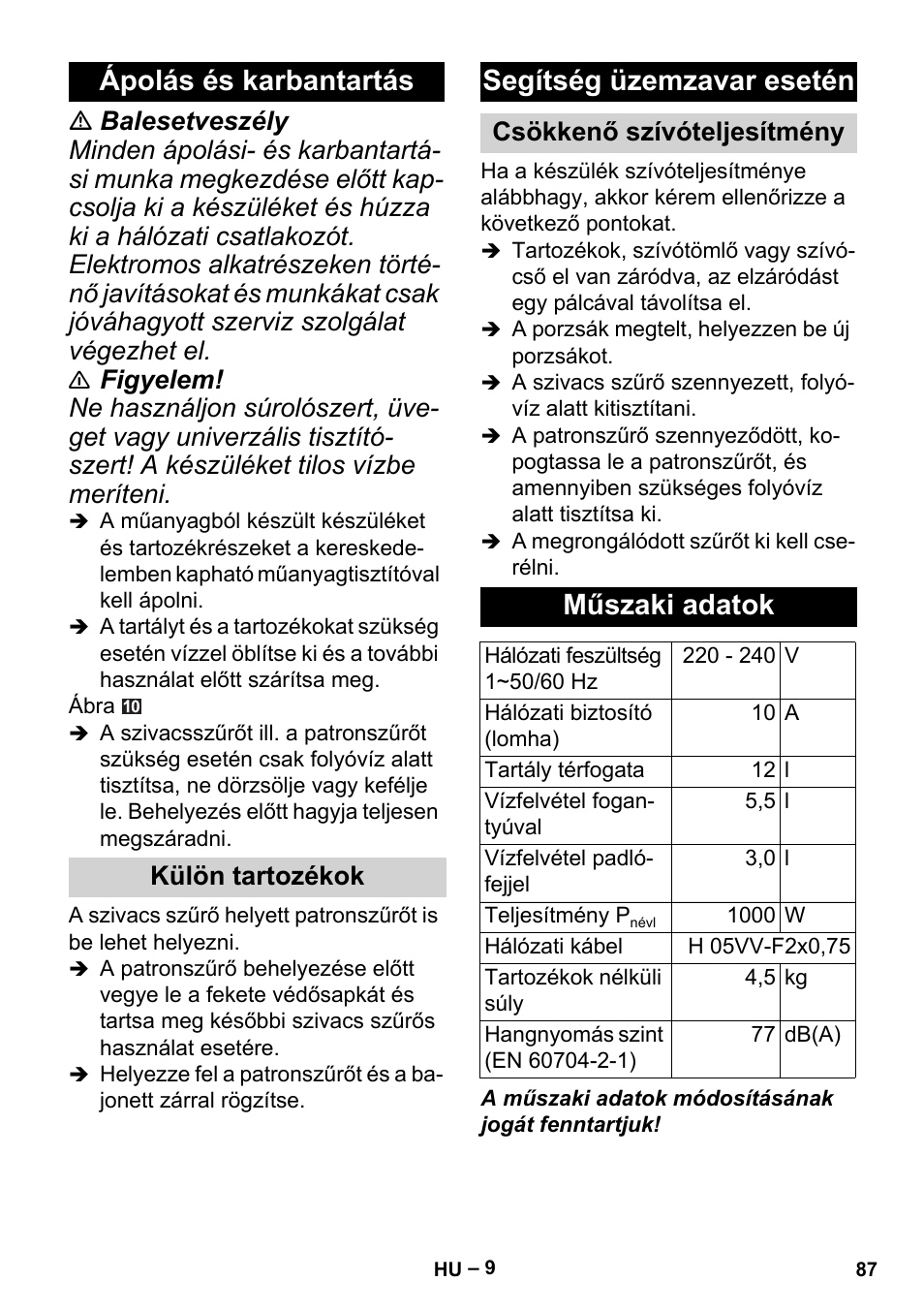 Ápolás és karbantartás, Segítség üzemzavar esetén, Műszaki adatok | Külön tartozékok, Csökkenő szívóteljesítmény | Karcher MV 2 User Manual | Page 87 / 166