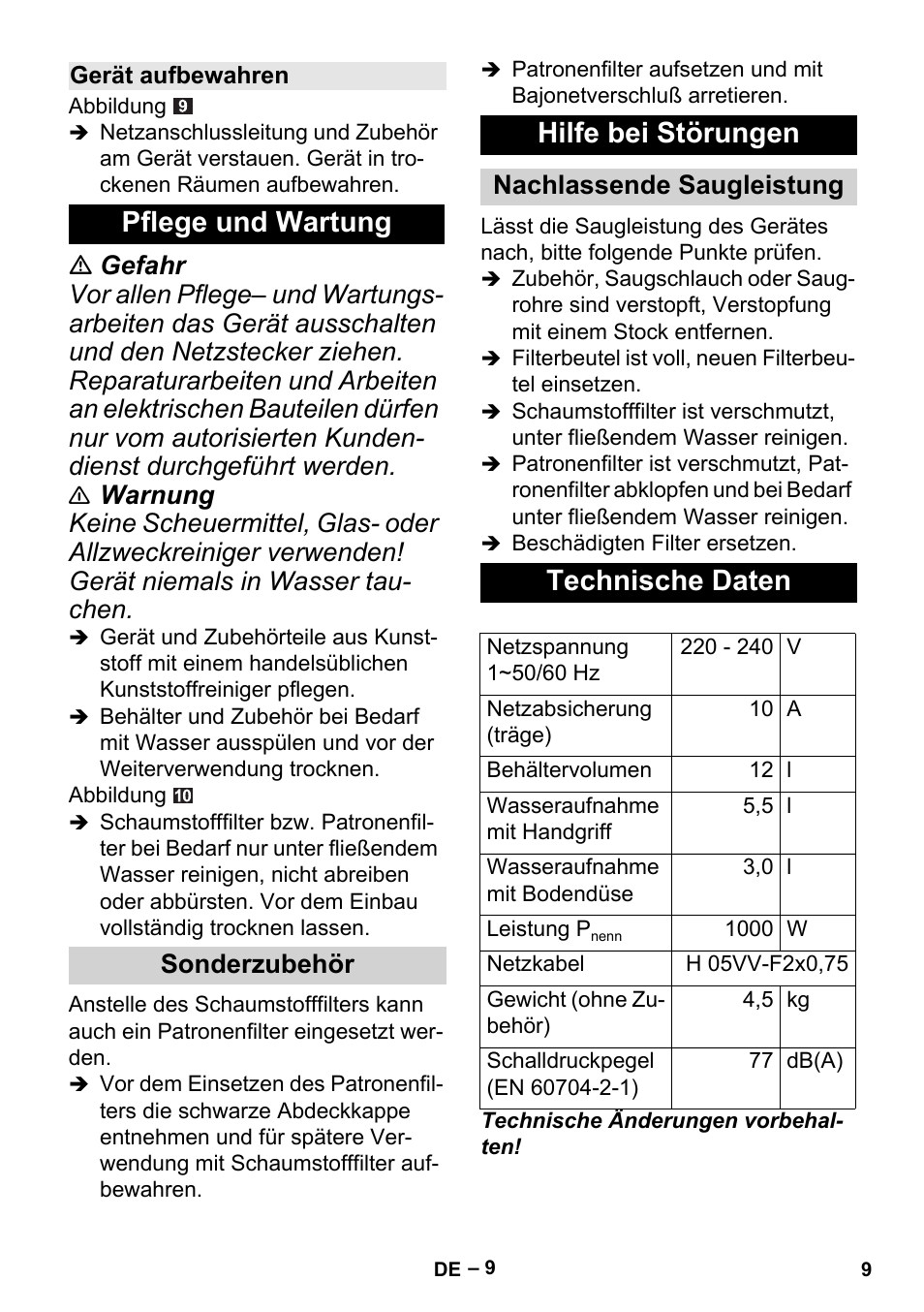 Pflege und wartung, Hilfe bei störungen, Technische daten | Sonderzubehör, Nachlassende saugleistung | Karcher MV 2 User Manual | Page 9 / 166