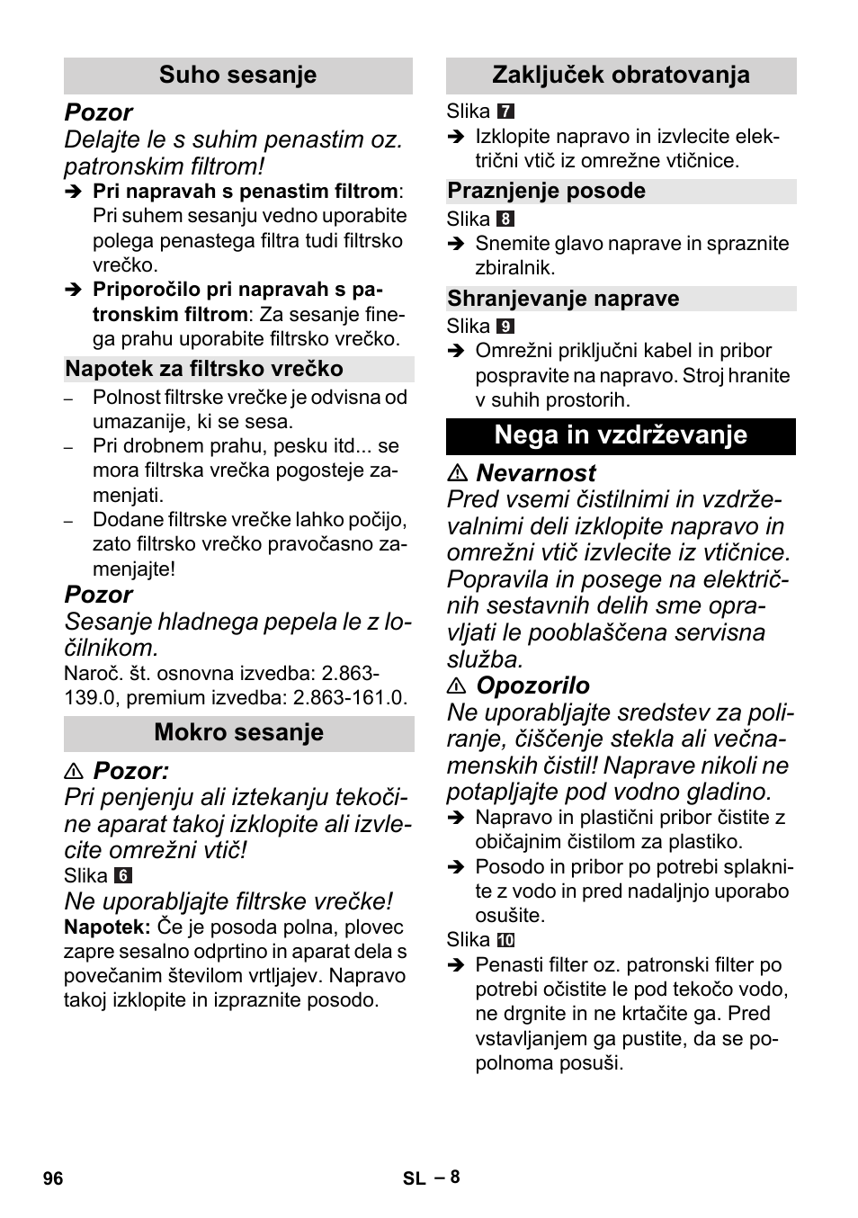 Nega in vzdrževanje | Karcher MV 2 User Manual | Page 96 / 166