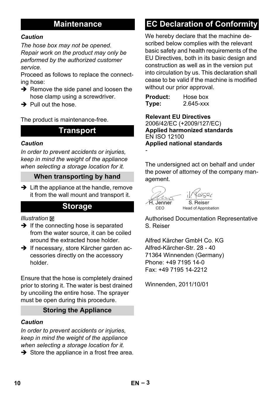 Maintenance transport, Storage, Ec declaration of conformity | Karcher Autoreel User Manual | Page 10 / 90