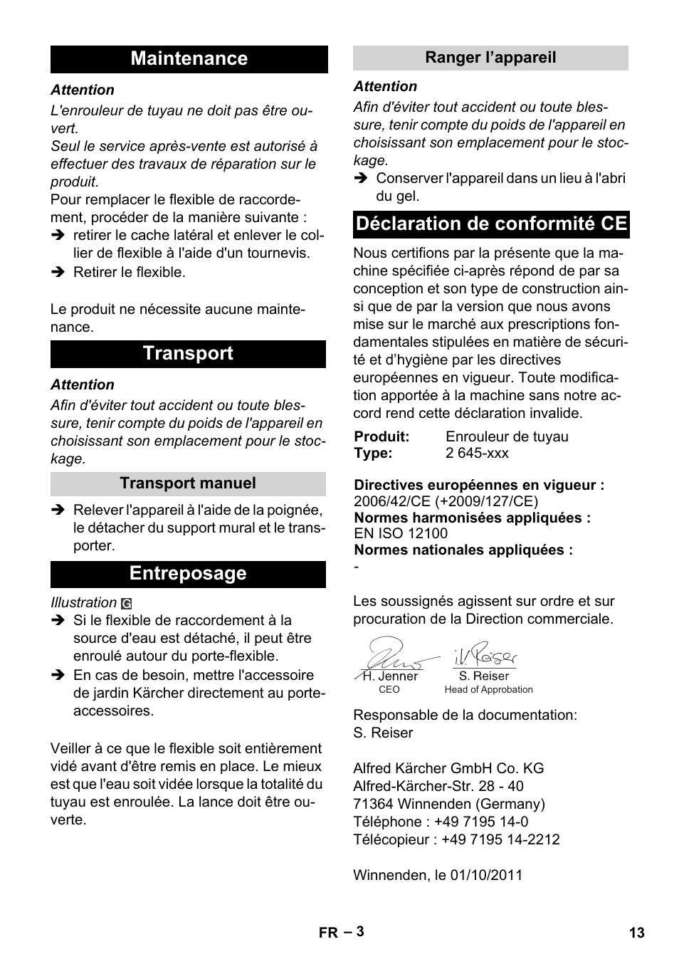 Maintenance transport, Entreposage, Déclaration de conformité ce | Karcher Autoreel User Manual | Page 13 / 90