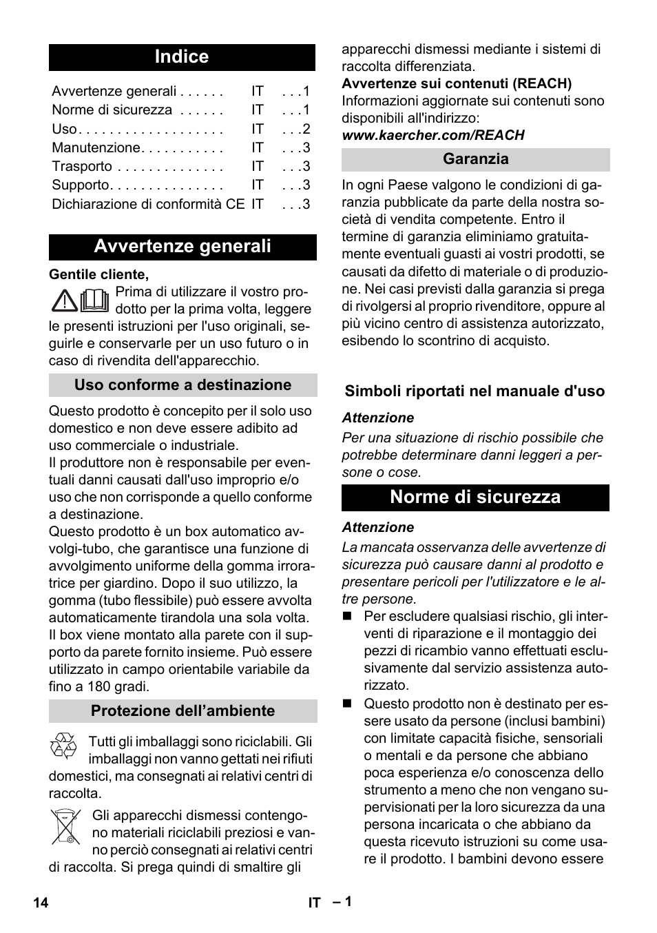 Italiano, Indice, Avvertenze generali | Norme di sicurezza | Karcher Autoreel User Manual | Page 14 / 90