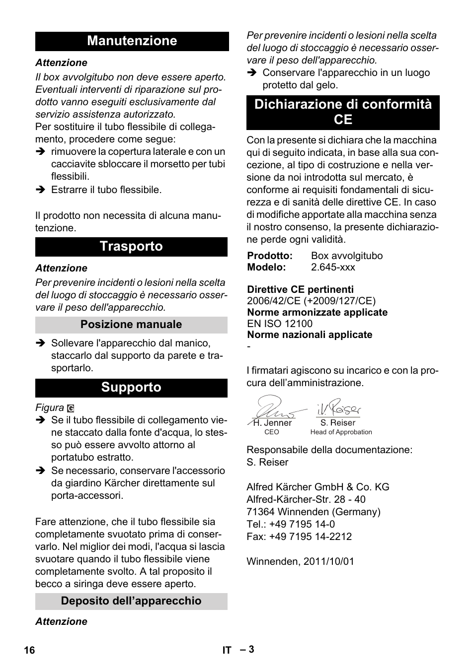 Manutenzione trasporto, Supporto, Dichiarazione di conformità ce | Karcher Autoreel User Manual | Page 16 / 90