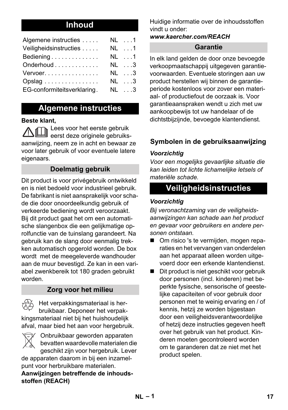 Nederlands, Inhoud, Algemene instructies | Veiligheidsinstructies | Karcher Autoreel User Manual | Page 17 / 90