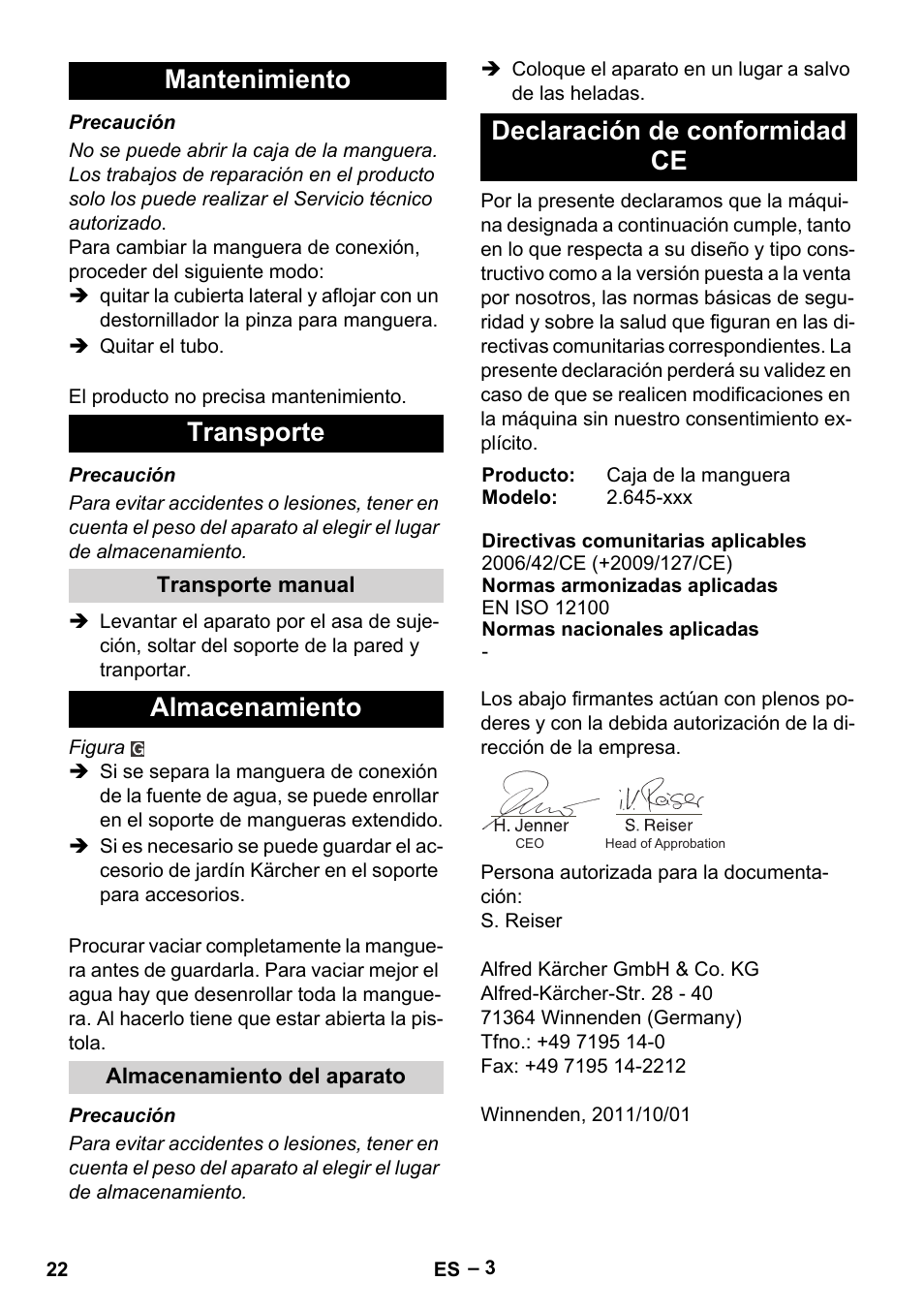 Mantenimiento transporte, Almacenamiento, Declaración de conformidad ce | Karcher Autoreel User Manual | Page 22 / 90