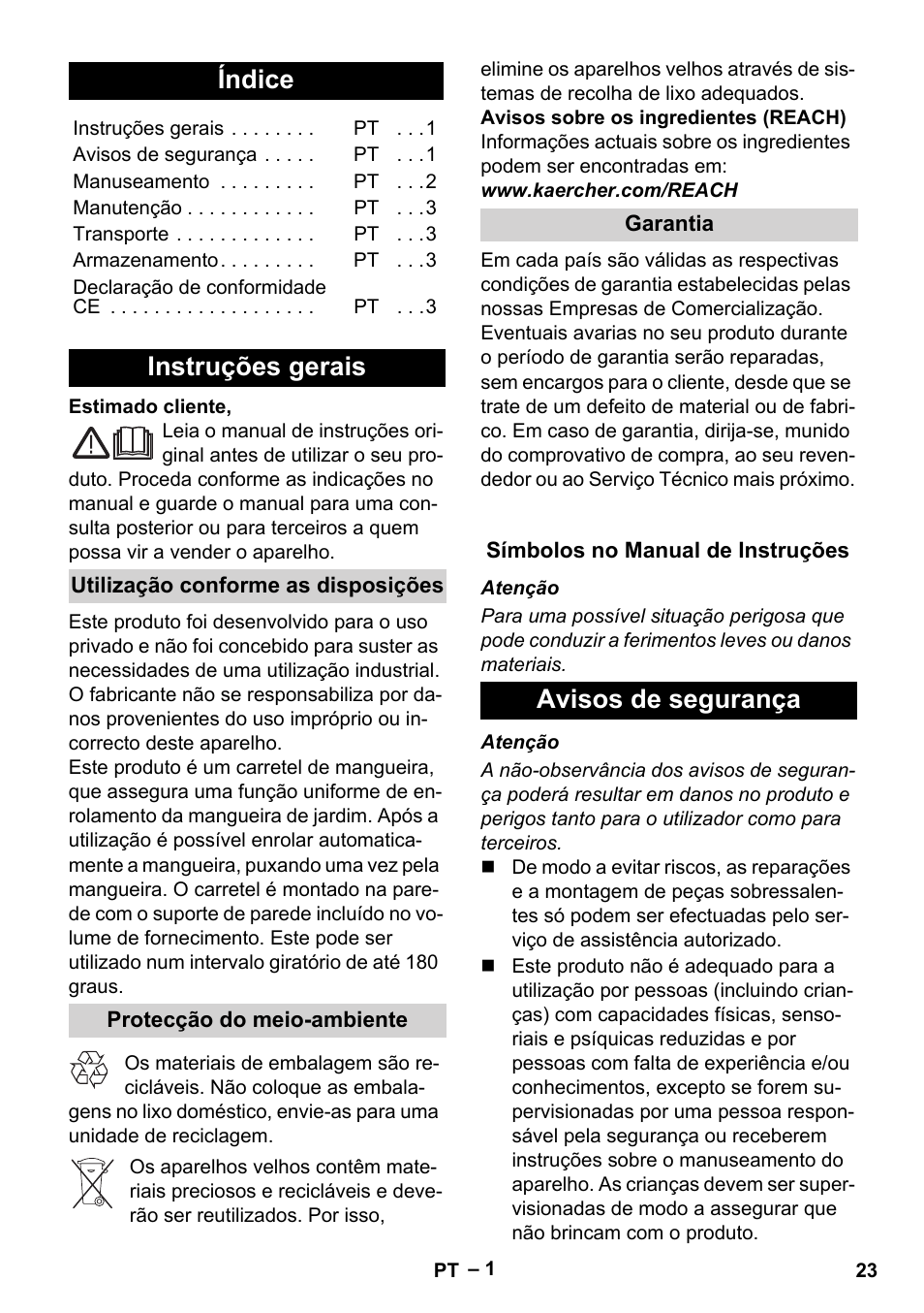 Português, Índice, Instruções gerais | Avisos de segurança | Karcher Autoreel User Manual | Page 23 / 90