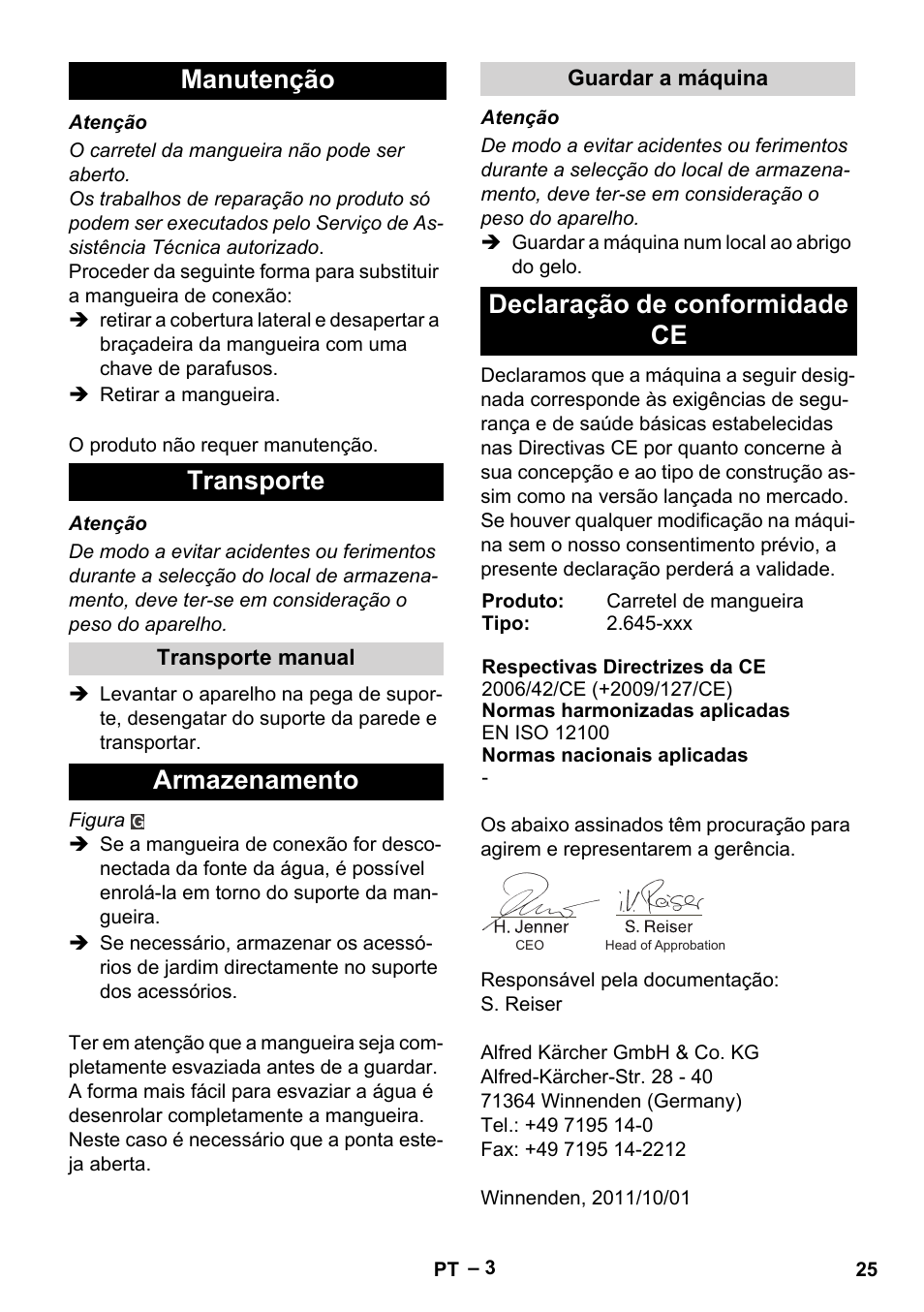 Manutenção transporte, Armazenamento, Declaração de conformidade ce | Karcher Autoreel User Manual | Page 25 / 90