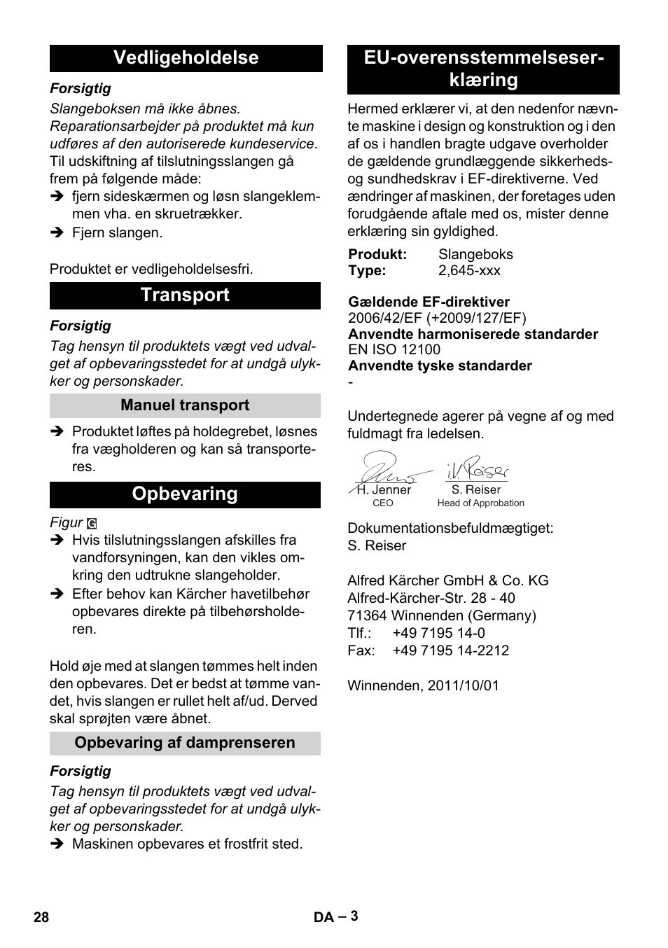 Vedligeholdelse transport, Opbevaring, Eu-overensstemmelseser- klæring | Karcher Autoreel User Manual | Page 28 / 90